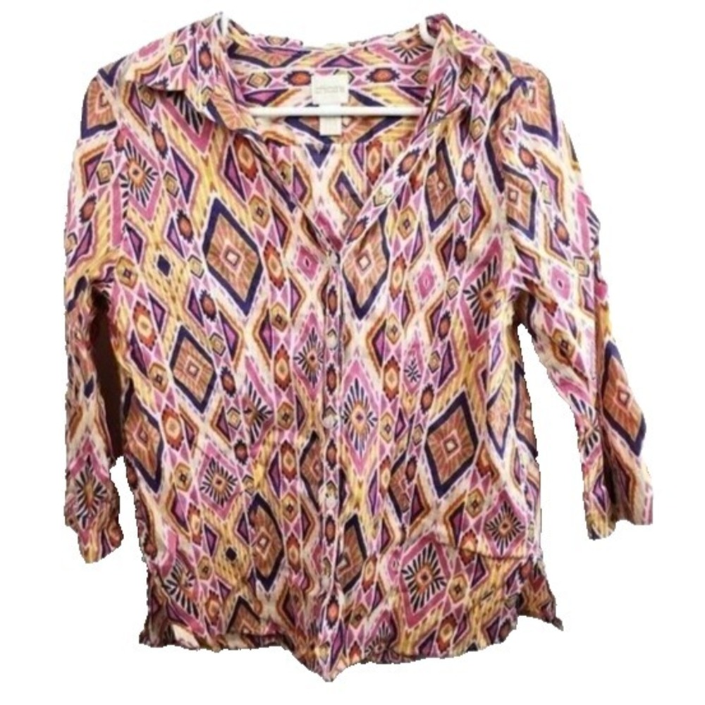 Chicos Linen No Iron Shirt Womens Small Pink Orange Aztec 3/4 Sleeve Coastal